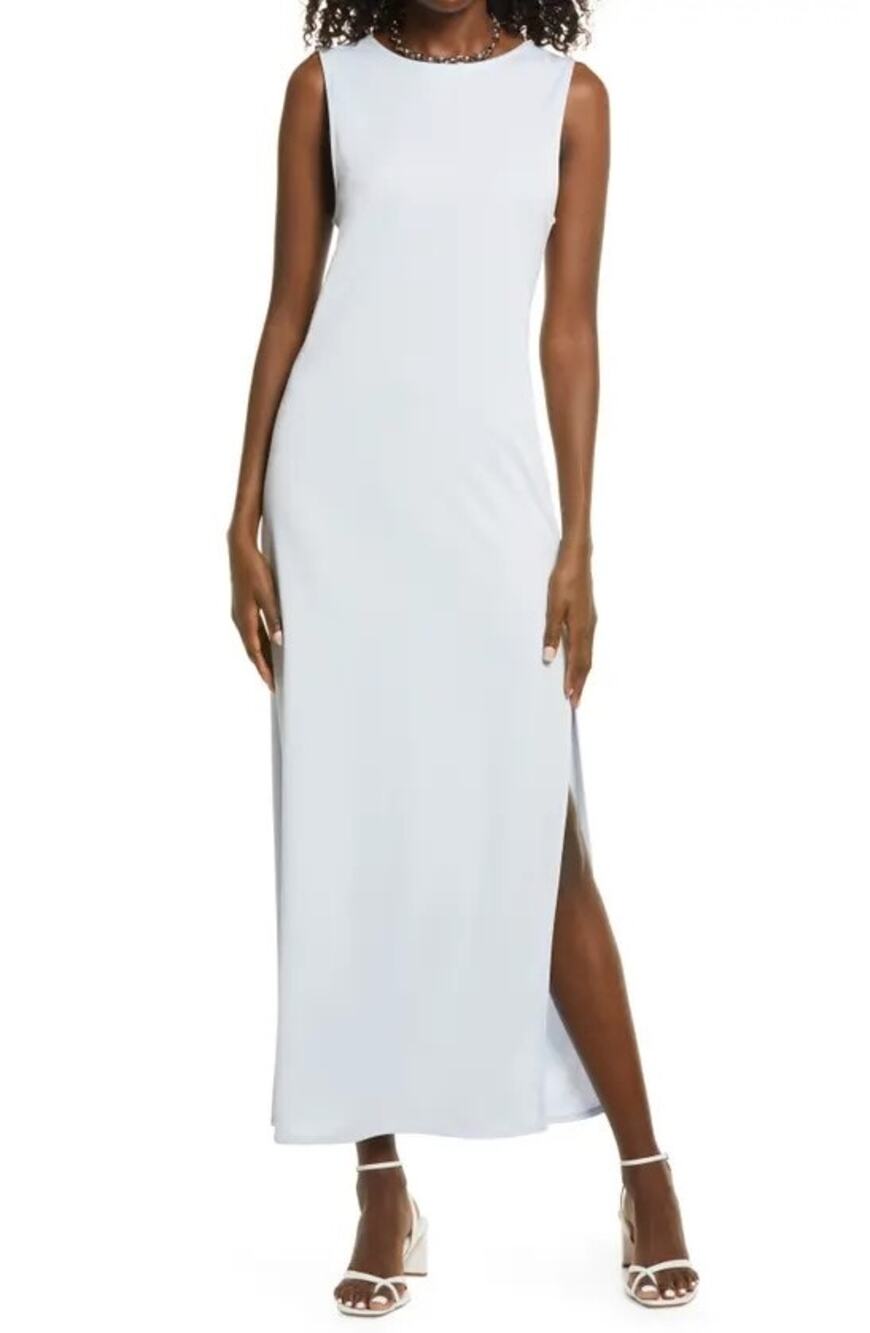 Open Edit Reversible 2 Way Maxi Dress Modal Size Medium Feather Blue Side Slit